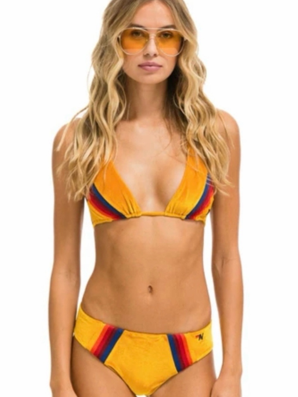Aviator Nation Yellow Rainbow Stripe Triangle Bikini